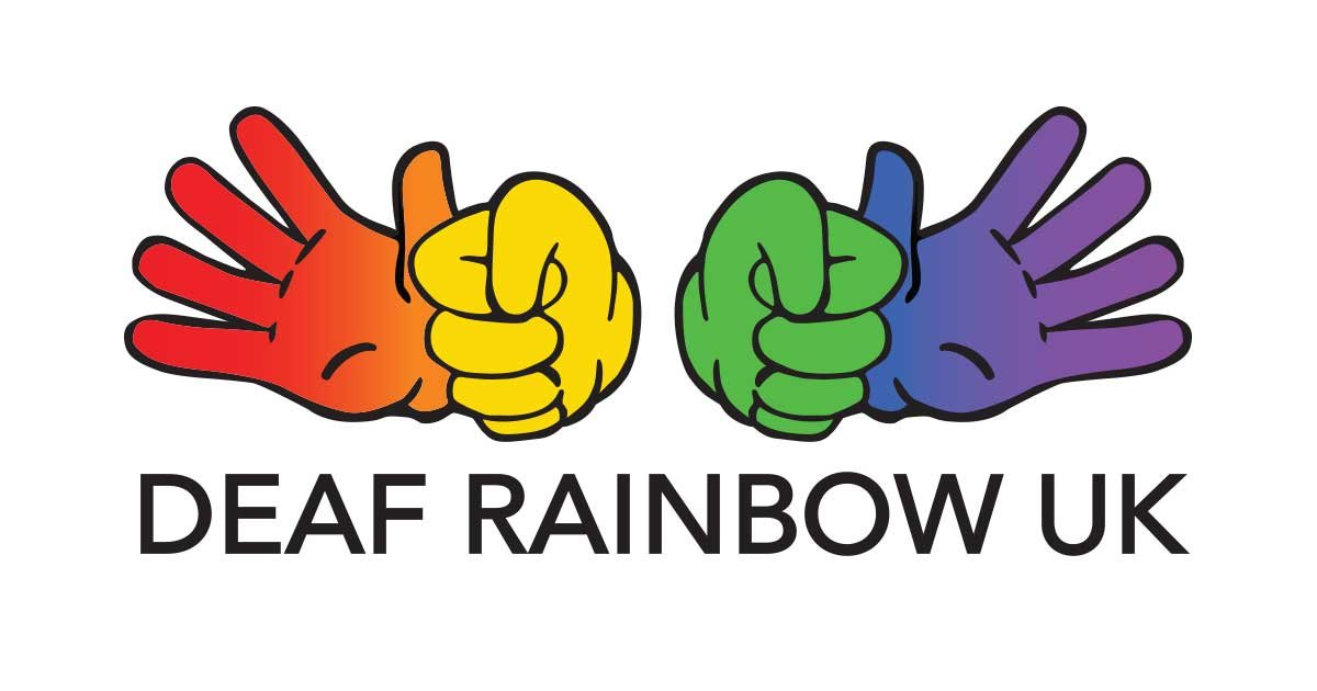 Deaf Rainbow UK logo with rainbow-coloured illustrated hands.