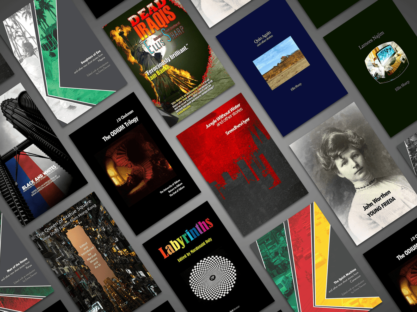 A diagonal collage of Jetstone book covers, including Young Frieda, Jungle Without Water and Labyrinths.