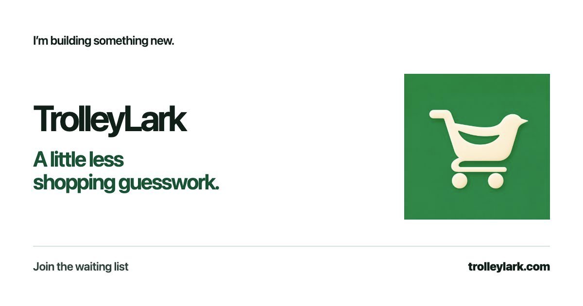 TrolleyLark brand preview with a cream bird-shaped shopping trolley on a green app icon.