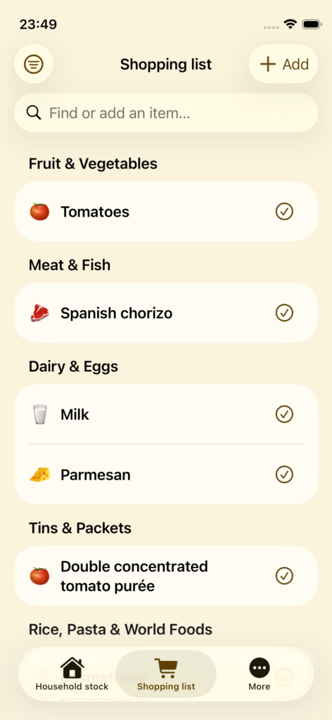 TrolleyLark shopping list screen with groceries grouped by category and purchase check buttons.