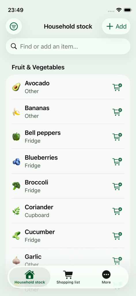 TrolleyLark household stock screen showing fruit and vegetables, storage locations and add-to-shopping controls.